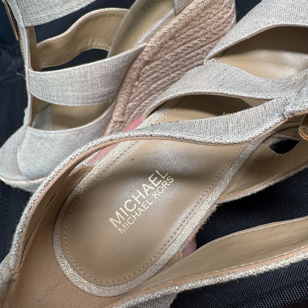 Michael Kors Damita Linen Beige Wedge Sandals - Picture 8 of 11